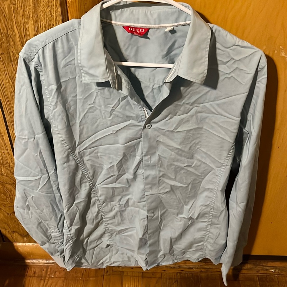 guess blue button up